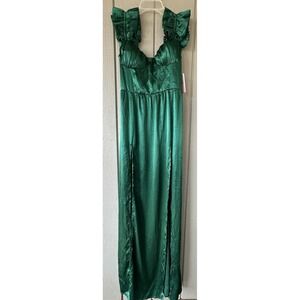 Hello Molly Dress Womens XL Green Satin Ruffle Strap Sweetheart Maxi Evening New